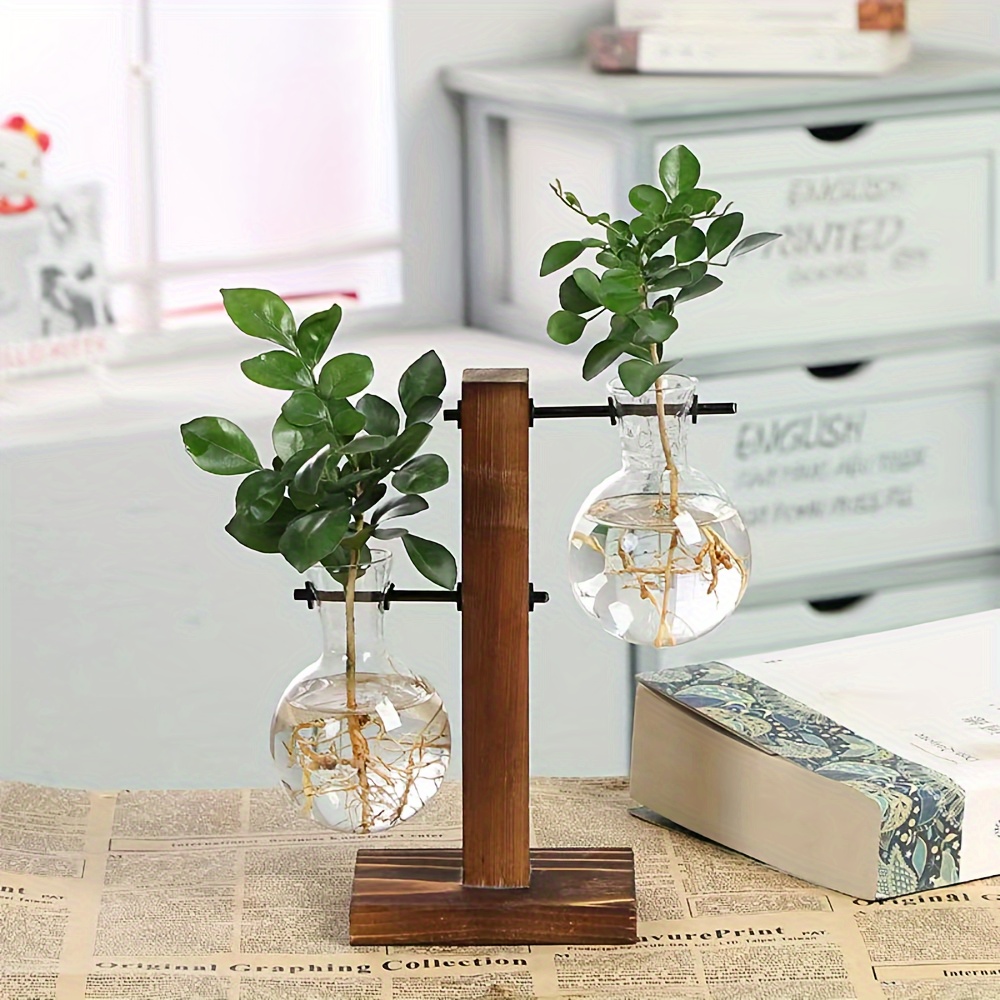 Plant Terrarium Wooden Stand Air Planter Bulb Glass Vase - Temu