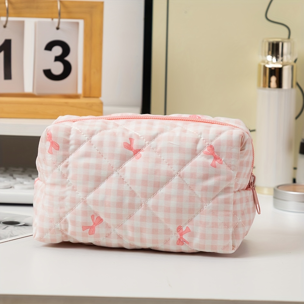 TEMU 1pc Plaid Bow Large Capacity Cosmetic Bag, Makeup Bag, Suitable For Home, Travel, Daily Use, Women's Makeup Storage Bag