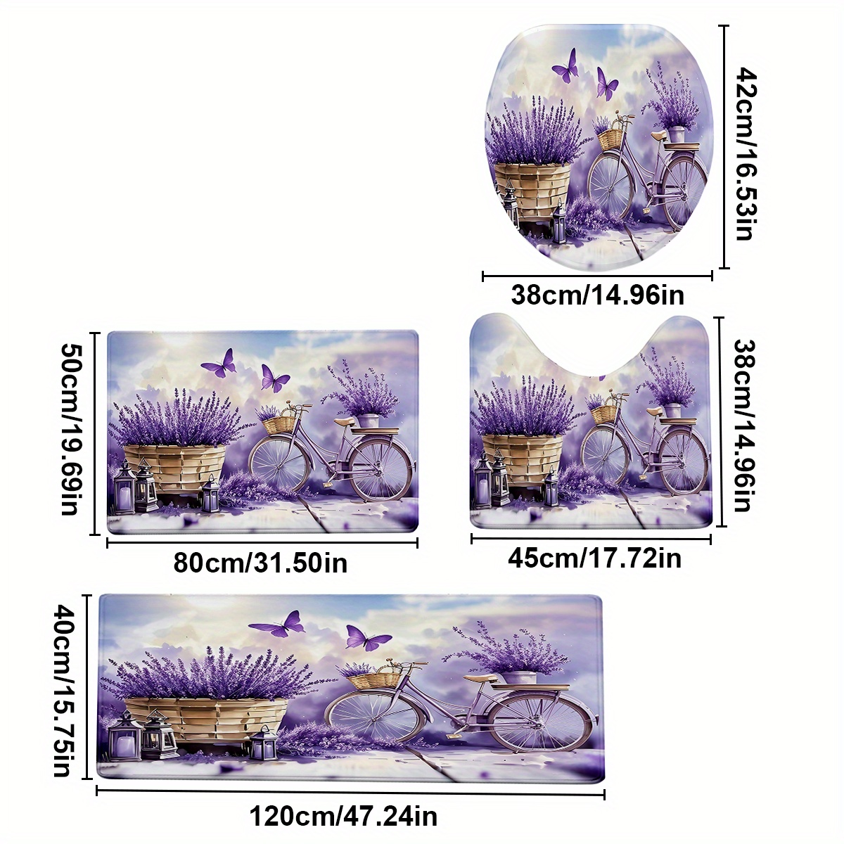 TEMU 4pcs/ Set Lavender Flower Bed Bicycle Pattern Printed Bathroom Protective Mat Set.tapis De Protection.pad.almohadilla Protectora.non-slip