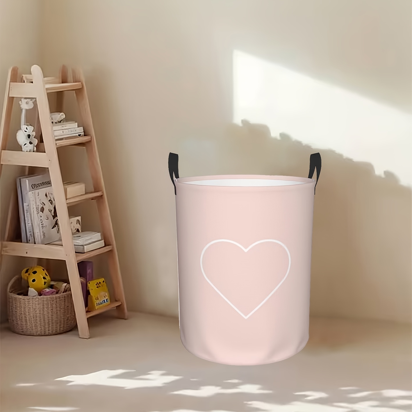 TEMU 1pc Panier à Linge Pliable Rose avec Couvercle de Cœur Adapté pour le Rangement de Salle de Bain et Chambre, Panier de Douche Rond avec Poignée