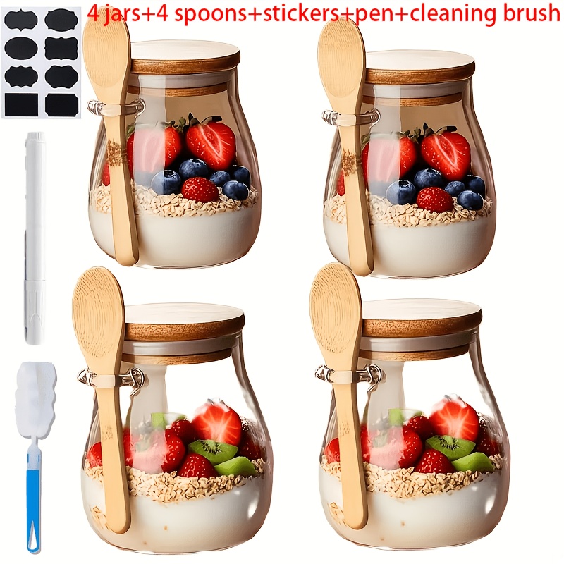 TEMU 4 Pack 12oz Sealed Overnight Oats Jars With Lids, 4 Jars+4 Spoons+stickers+signature Pen+cleaning Brush, Wide Mouth Glass Jars For Yogurt,