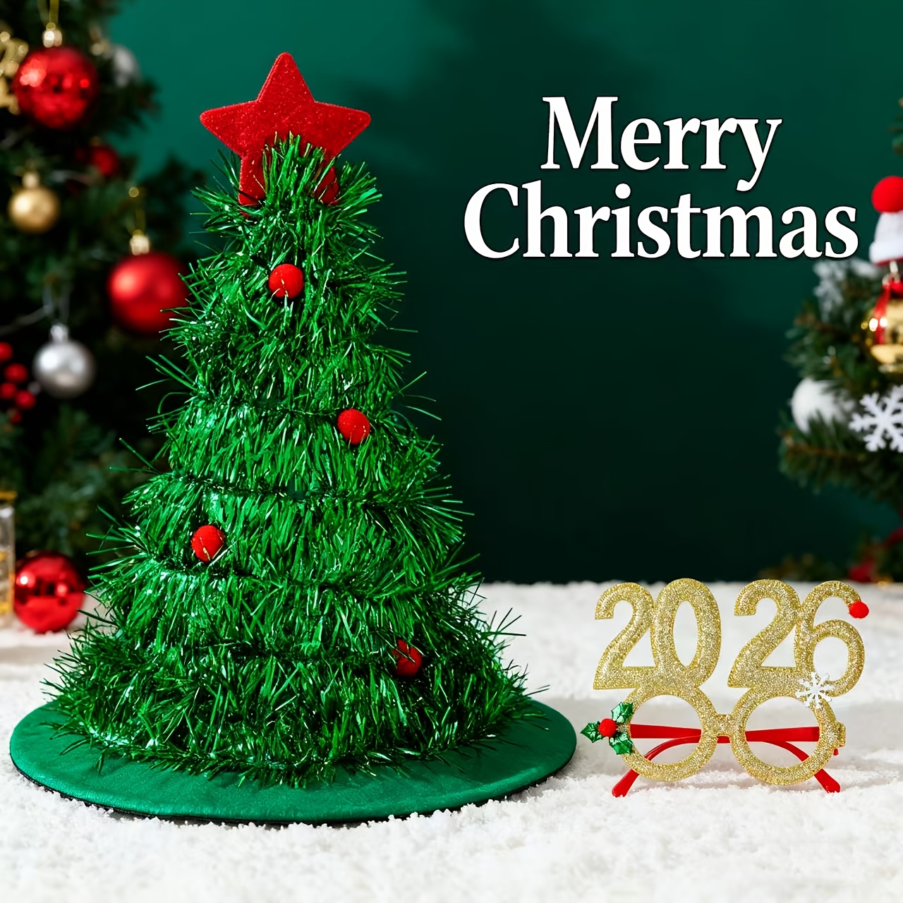 Kerst Tweedelige Set van Sprankelende Kerstboom Mutsen 2026 Kerstbril Veelzijdige Vakantiefeest Cosplay Schattige Kerstman Beenmutsen voor Mannen en Vrouwen Kerstcadeau Hoofddeksel Foto Props Kerstfeest Decoratie, Halloween Kostuum Carnaval C