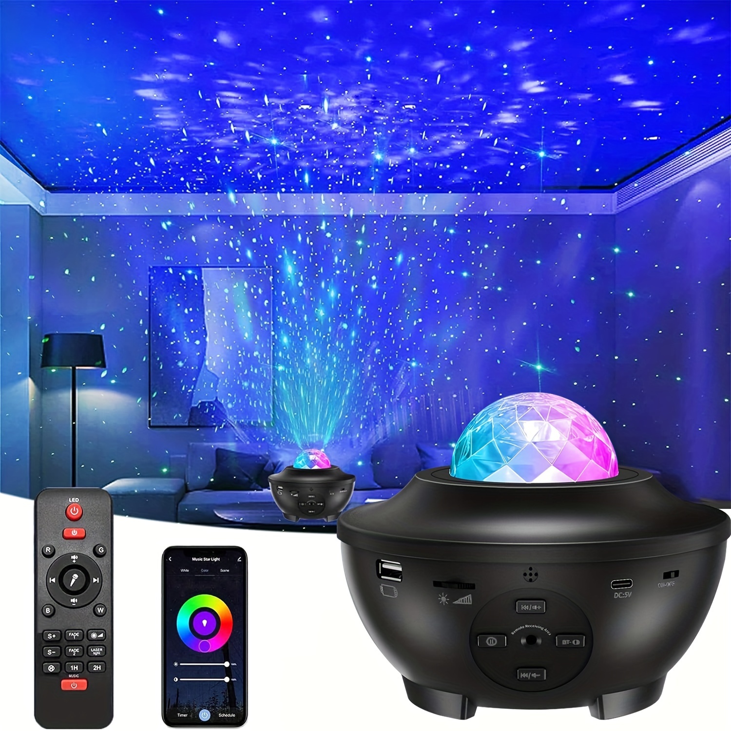 Proyector de estrellas recargable, proyector de galaxia para dormitorio,  proyector de luz de estrellas con control remoto y altavoz de música, luces