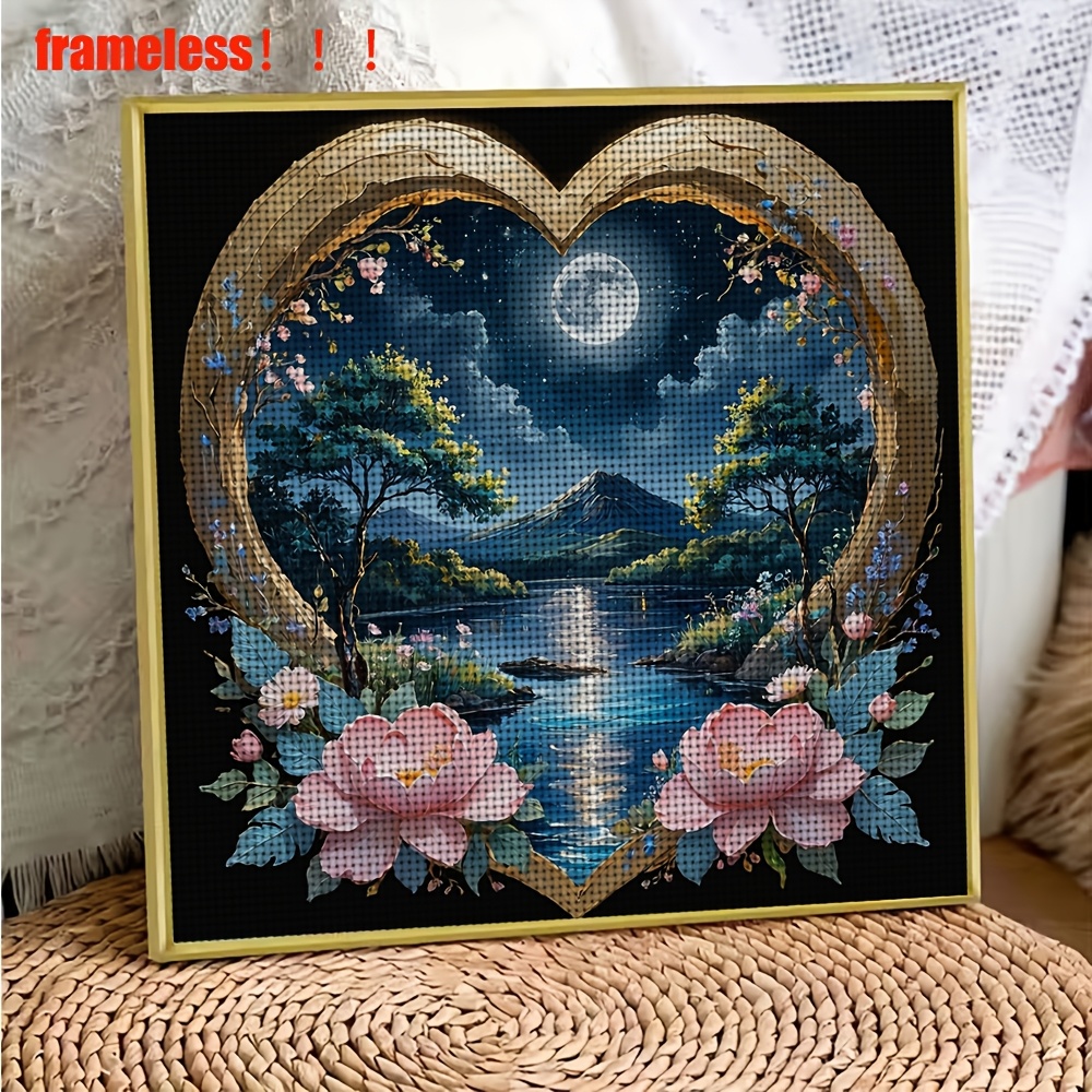 DIY Cross-Stitch Printed Kit, Frameless, Heart-Shaped Frame Moonlit Night