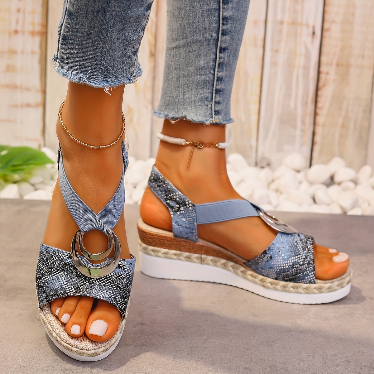 Damen Leder-Sandalen - Slip-On & Doppelriemen-Keilabsatz