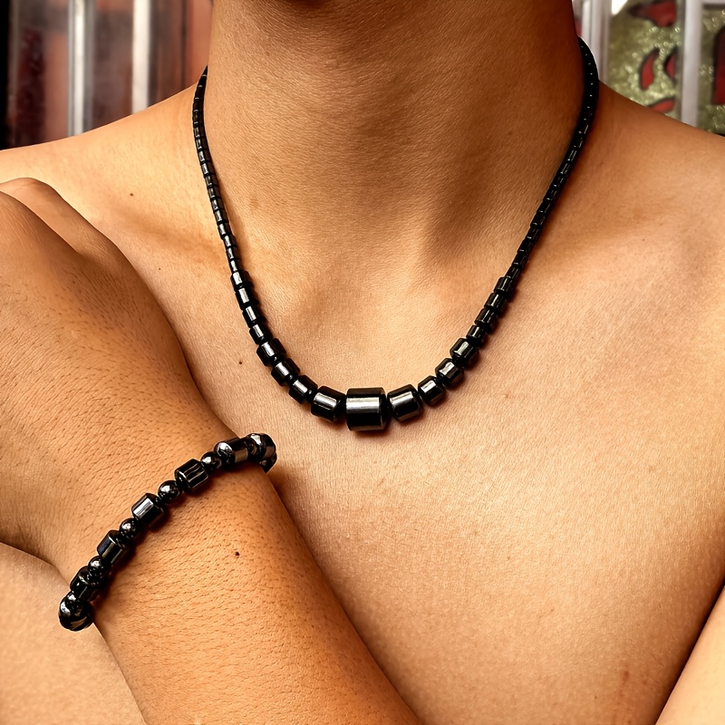 collier et bracelet en magnétite noire   - bijoux interverrouillés robustes,   mate avec   métallique, pour   (    ou  ), cadeau pour saint-valentin/noël/anniversaire - port toute   durable - pièce délégance chic pour   tenues duoques -   de   natuelles   lisses accessoire   année complète, bijoux Détails du produit 1