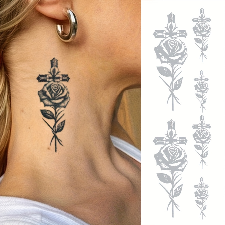 Tattoo Stickers, 2sheets/set, And Realistic Design, Cross, Rose Makeup Pattern, Waterproof, Sweat-proof, Non-reflective, Semi-permanent Tattoo, Suitable For Fingers, Neck, And