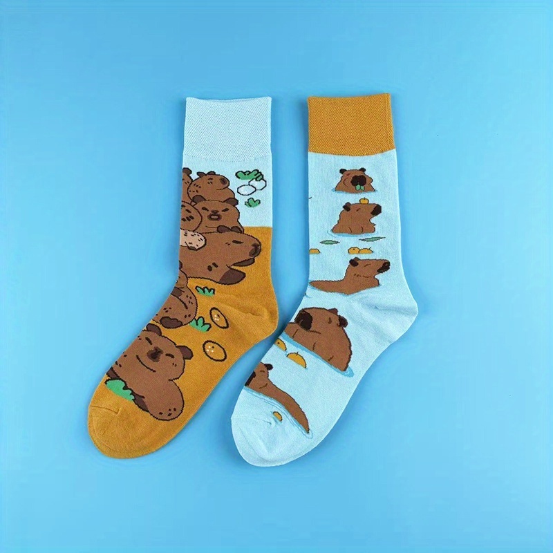 1 Pair Cute Capybara Asymmetrical Socks | Japanese Cartoon Mid-calf Socks, Unisex, Fabric, Animal Pattern