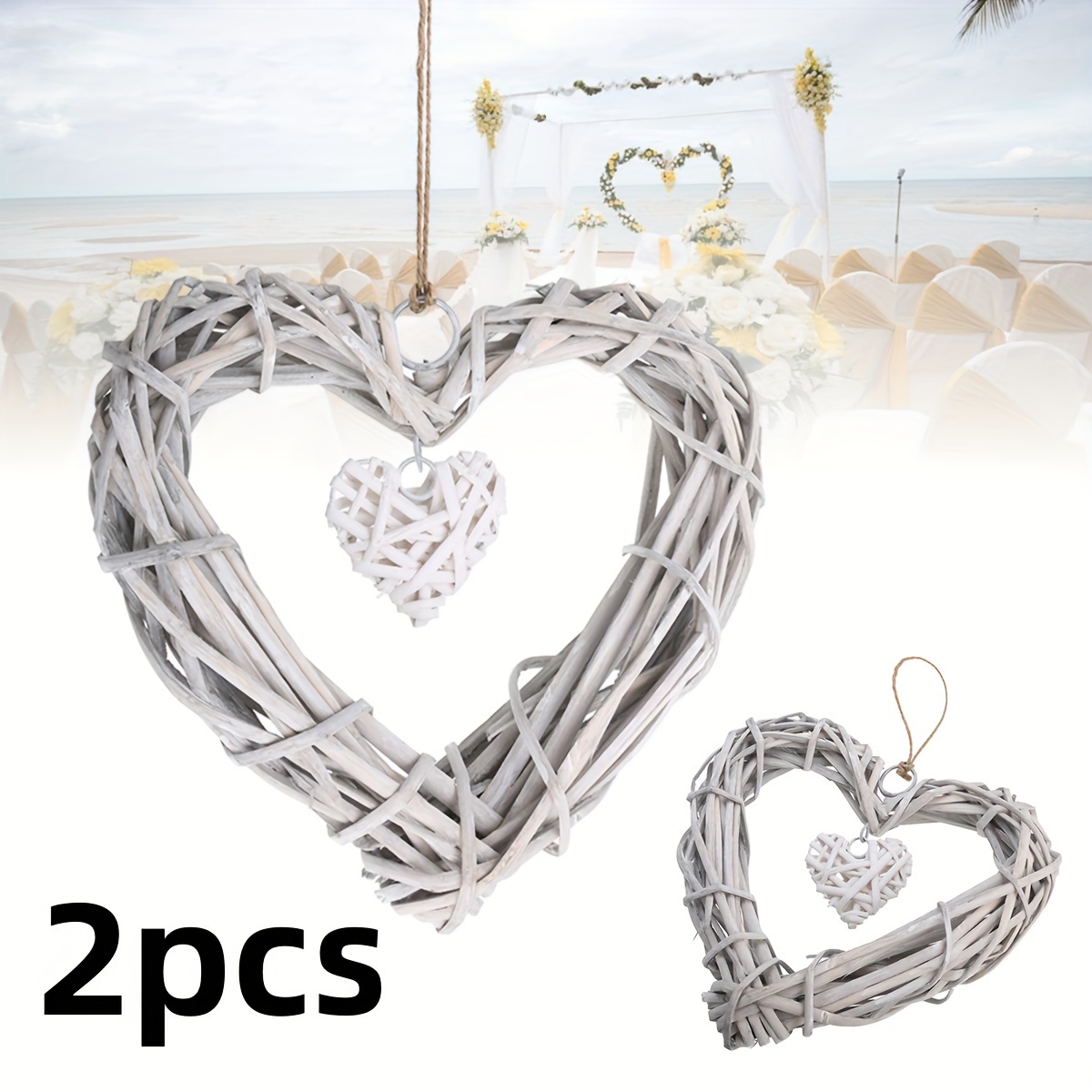 

2pcs Bohemian Wicker Heart Wreaths - Weddings & Birthdays, Includes Hanging Rope