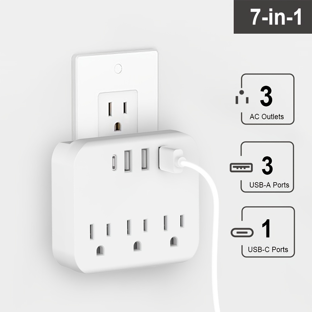 

-in-one Multi-plug Socket Extender With Usb, With 3 Usb , 1 Type-c And 3 Sockets Wall Socket Distributor, For Office, Bedside And Travel Wall Charger Adapter