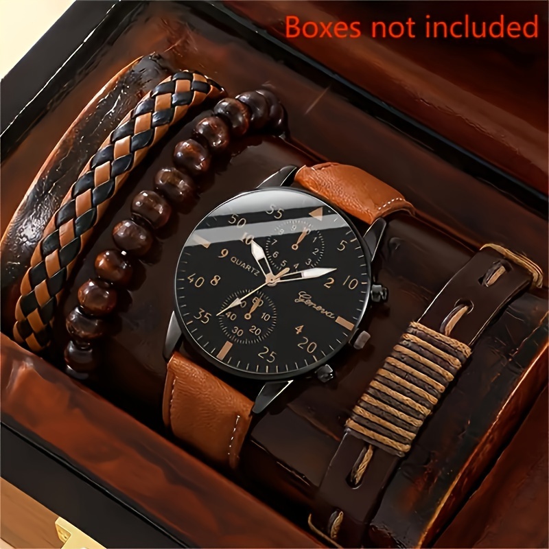 

4pcs Men's Watch Set, Stylish Casual Men's Round Pointer Quartz Watch And 3 Stylish Casual Bracelets