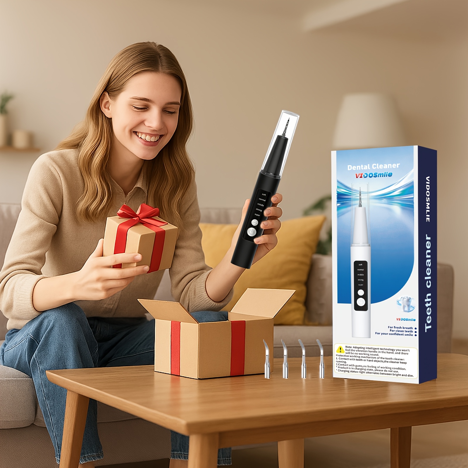 Plaque Removal Kit - Electric Tooth Cleaner, with 5-Level Adjustable LED Light, 4pcs Interchangeable Heads And 1pc Oral Mirror, Electric Toothbrush, Holiday Gift for Parents, Gift for Girlfriend