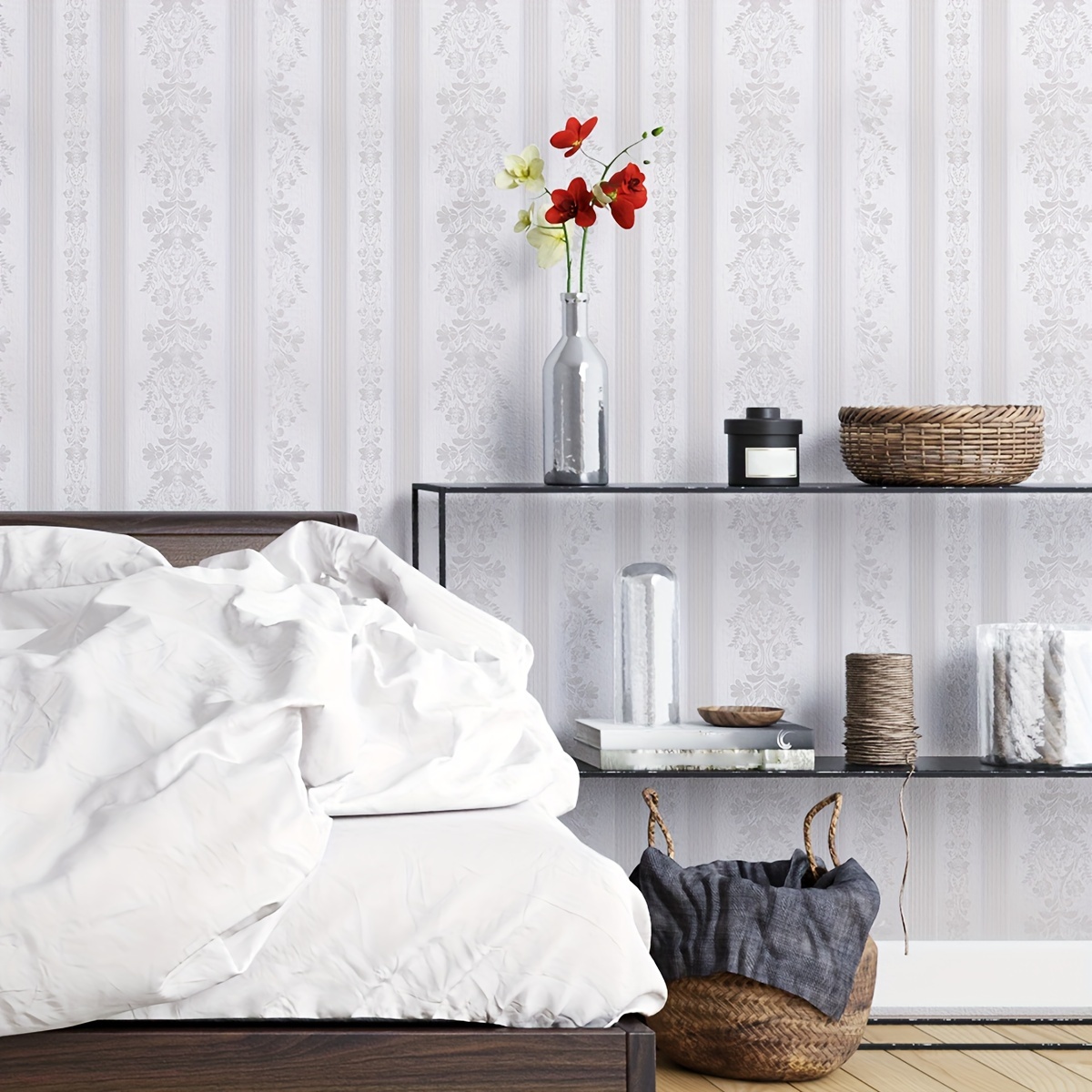 Image of Vintage White Striped Floral Wallpaper - Waterproof, Easy Clean, Self-adhesive For Diy Home Decor, Kitchen Cabinets & Room Makeover