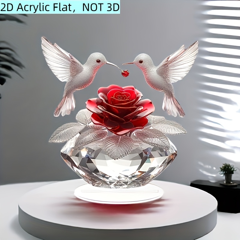 

2d Flat, Valentine's Day Rose And Hummingbird Acrylic Ornament - 2d Decoration, For Birthday And Graduation Gifts, Bohemian Style Desktop Decoration