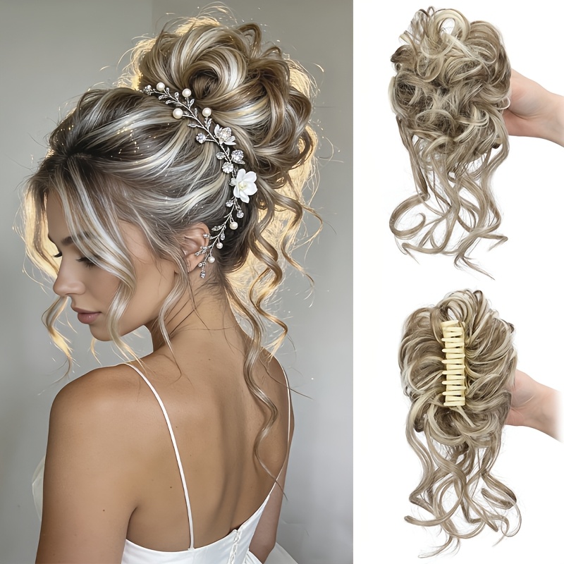 Image of Messy Curly Claw Clip Hair Bun Extension, Tousled Updo Synthetic Hairpiece For Women, Colorful & Color Mixing Wavy Ponytail For Daily Wear