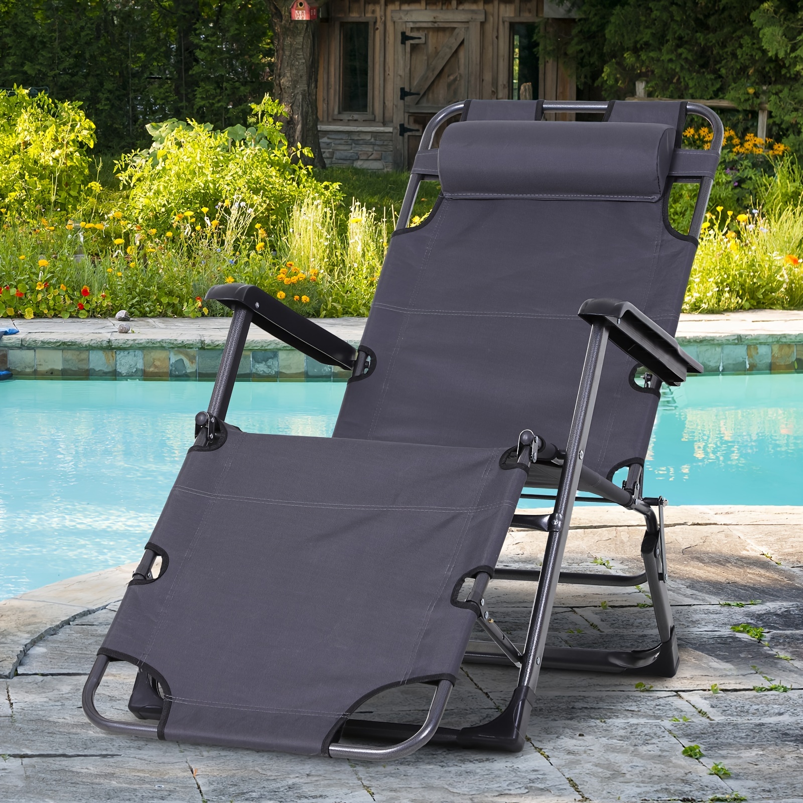 

Outsunny Folding Chaise Lounge Chair For Outside, 2-in-1 Tanning Chair With , Adjustable Pool Chair For Beach, Patio, Lawn, Deck, Gray