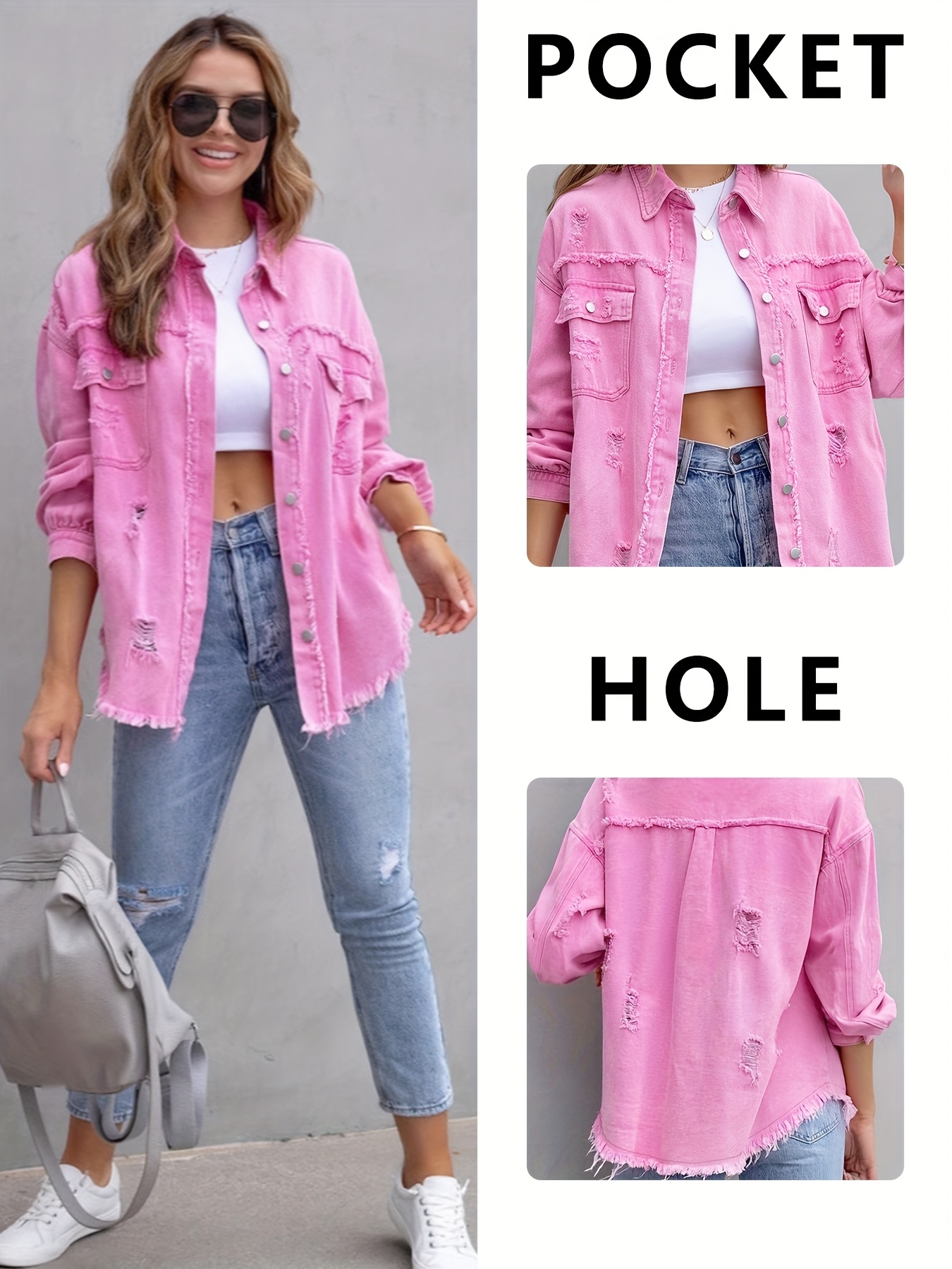 Women'S Pink Denim Long Shirt Jacket Casual *-Length Outerwear with  Button Front, Flap Pockets, and Frayed Hem Spring/Summer, Casual