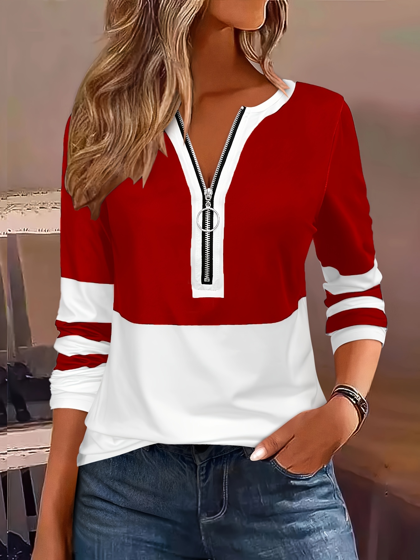 womens   and   block v neck long sleeve t shirt with zipper  l casual yet elegant   spring and fall casual wear   tee zipper   Product details 10
