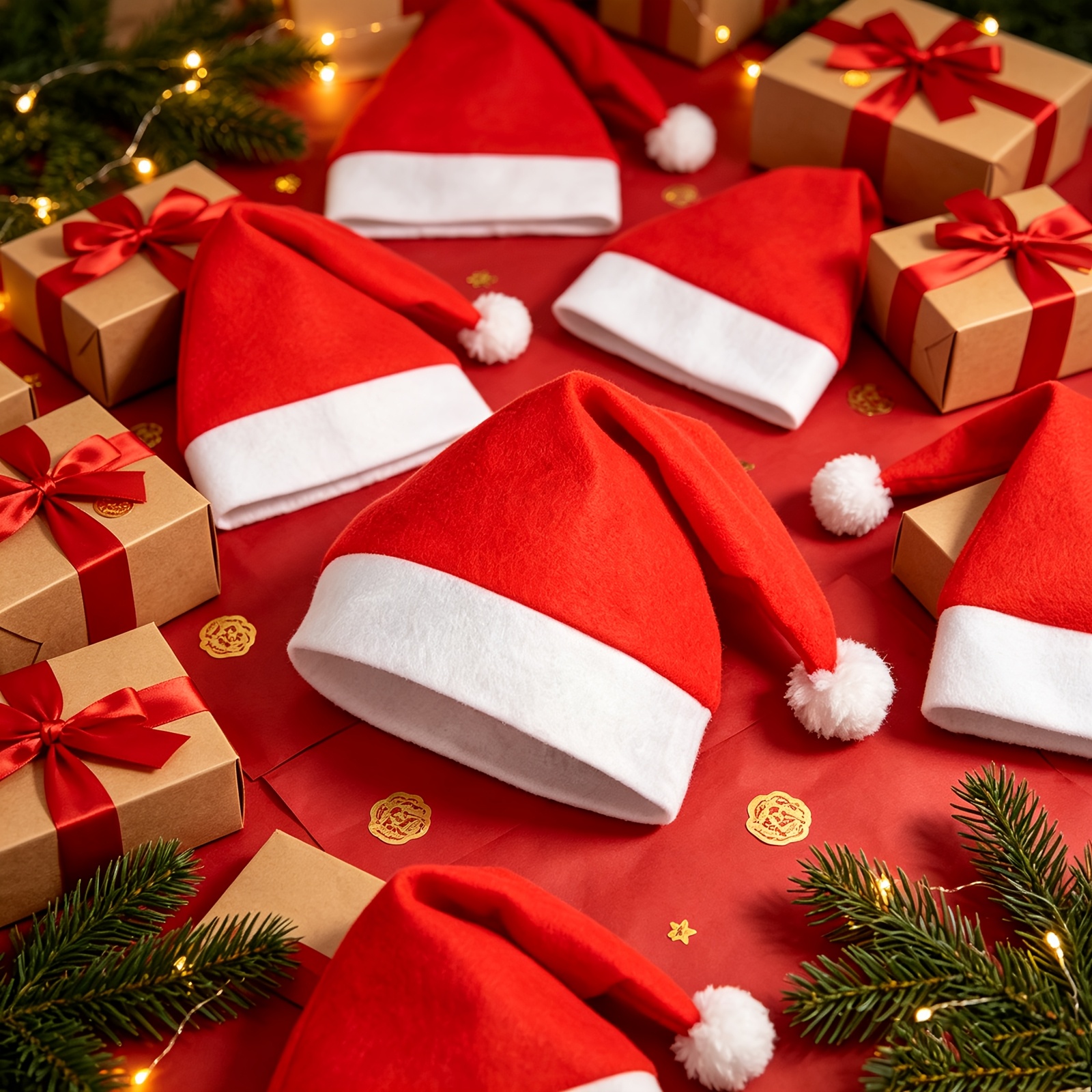 TEMU 10/20/30pcs Adult Santa Hat Red Xmas Caps Headgear Fluffy Christmas Party Hats For Xmas Costume Party Halloween, Christmas