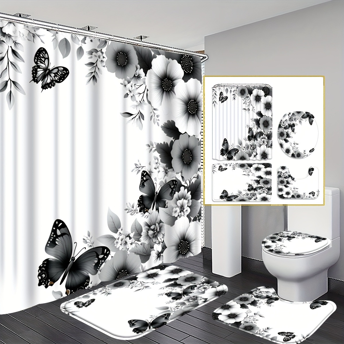 TEMU 4pcs 2d Flat Monochrome Shower Curtain Set, Black And White Flowers With Butterflies Bathroom Decor, Accessories With Bath Mat, U-shaped Mat,