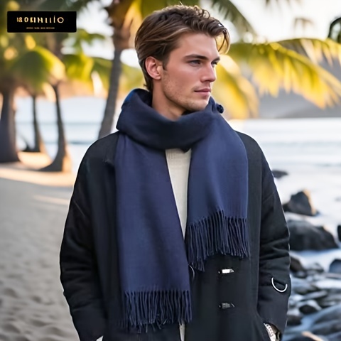 1pc Men's Classic Winter Plaid Scarf with Tassel Edge, Soft and Warm Polyester Scarf, Fashion Accessory for Men, Woven Style details 0