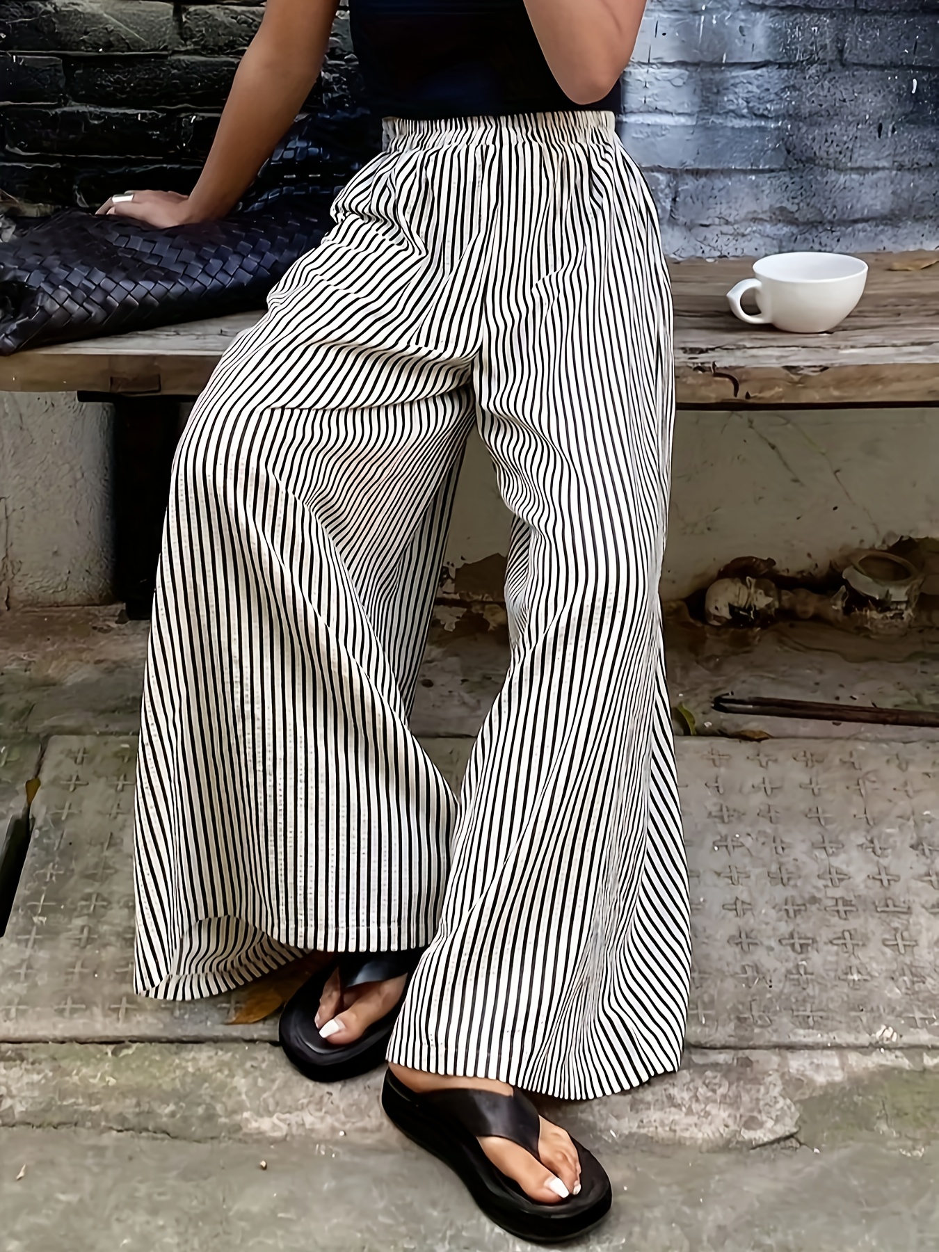 Grey Black And White Striped Flowy Pants Women's Elegant Black