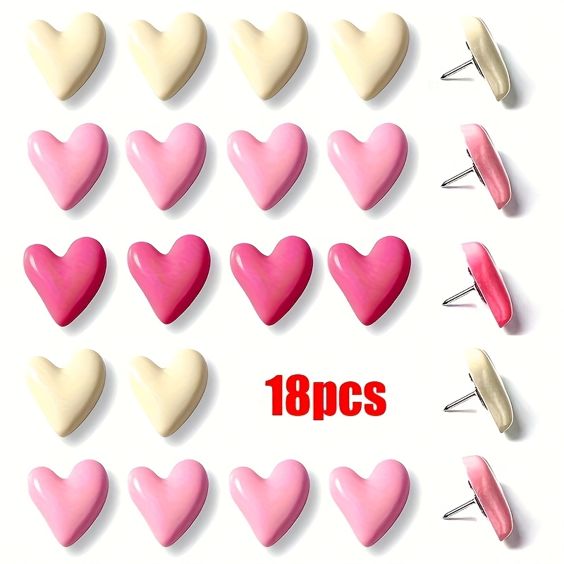 Image of Set Of 18 Pink Heart-shaped Push Pins, Perfect For Decorating Bulletin Boards At Home Or . Made From Sturdy Abs Material, Cute Pins Are Great For Organizing Notes, Pictures, And Artwork