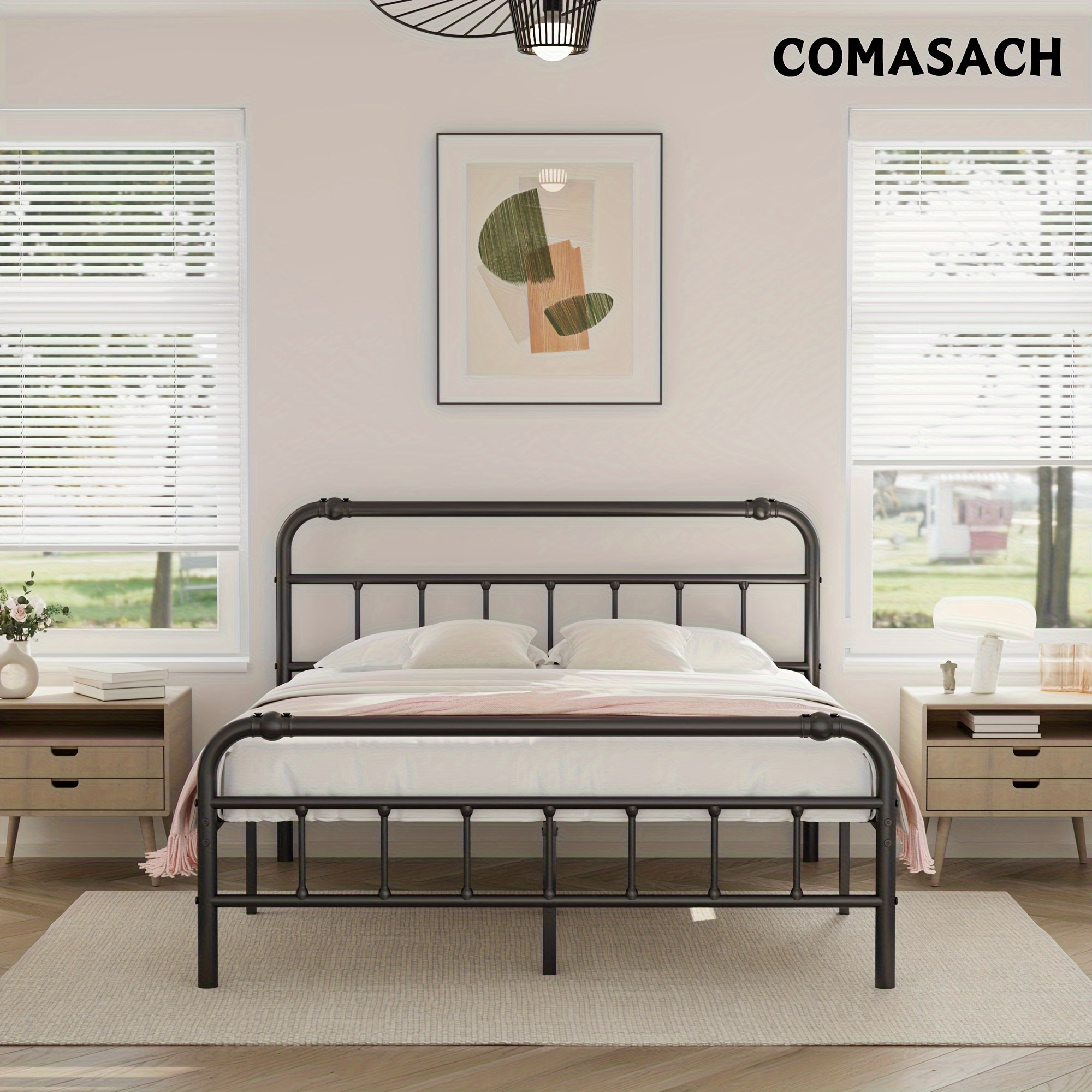 

Comasach 18 Inch High Bed Frame With Headboard And Footboard, Heavy Duty Steel Slats Up To 3500lbs Support, Spring Needed, Easy , Noise-free Platform-black