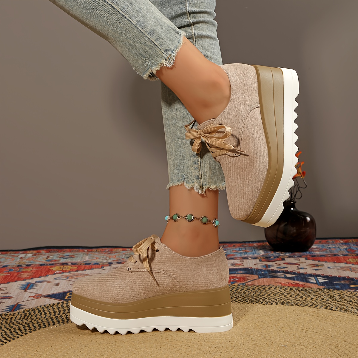 Plus Size Two-Tone Platform Thick Sole Lace-Up Flat Shoes for Women