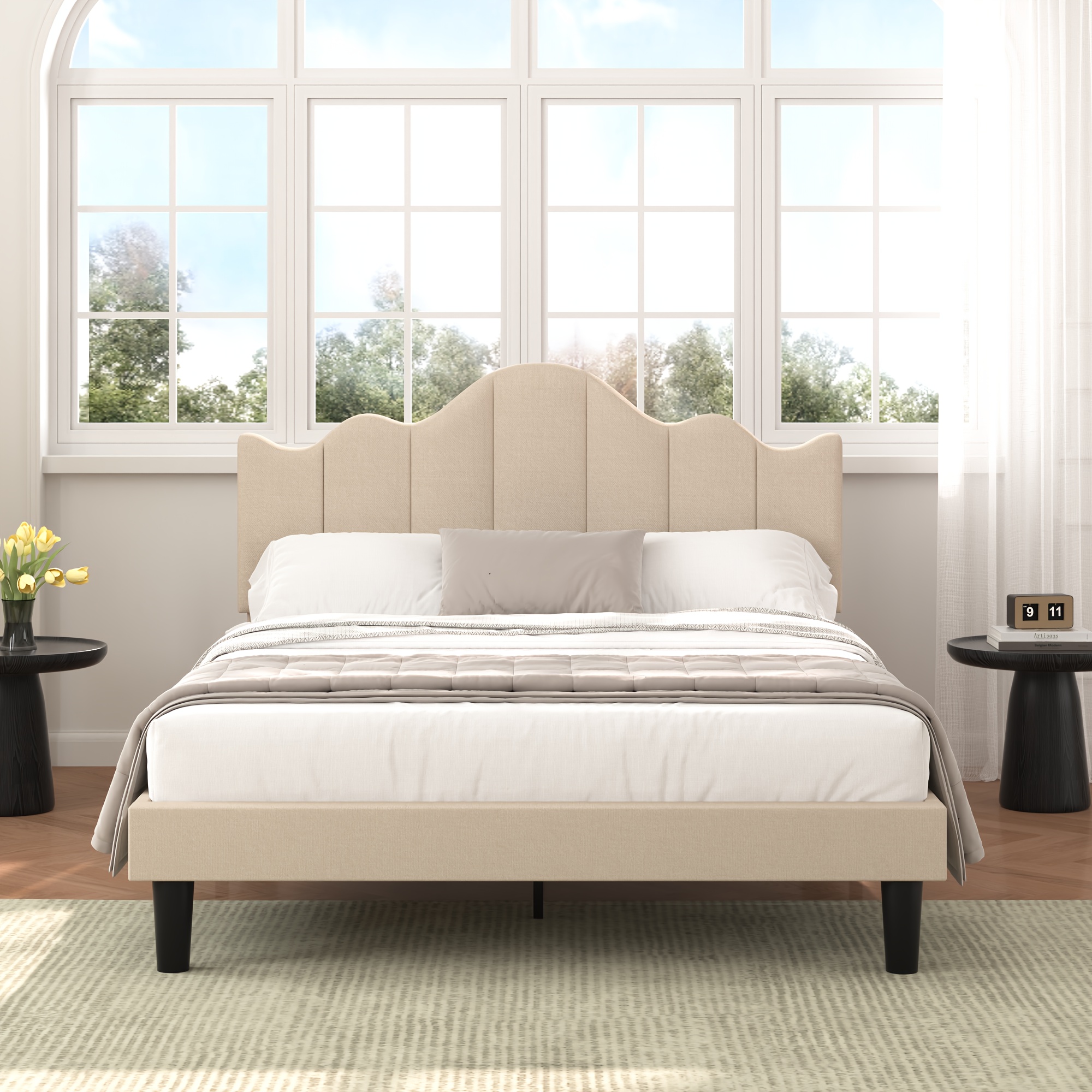 

Vecelo Twin/full/queen Size Platform Bed Frame With Upholstered Height Adjustable Headboard Wood Slat Support, Beige