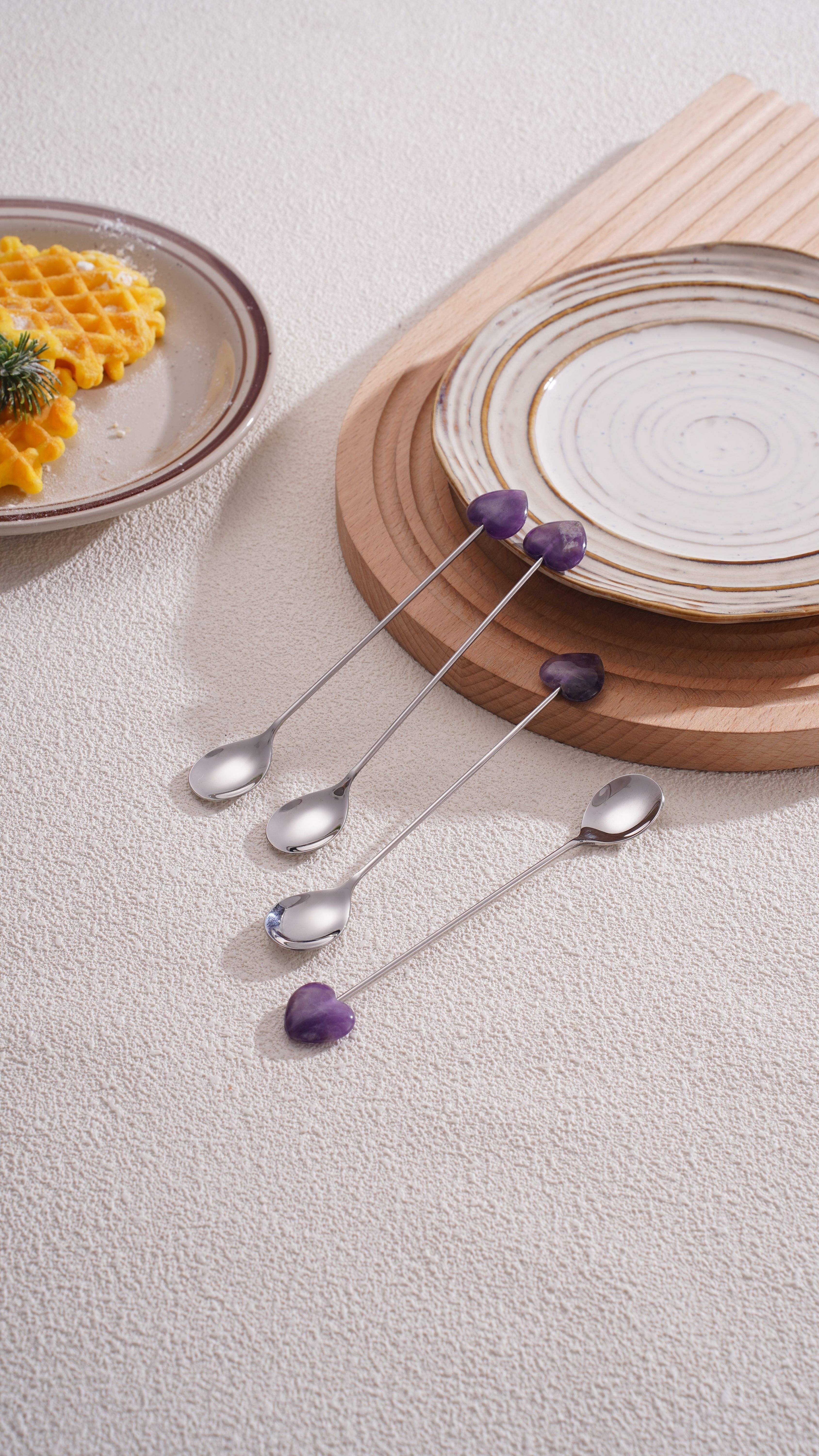 elegant stainless steel spoons with polished   shaped gemstones     a   to   tea desserts or appetizers suitable for christmas halloween easter hanukkah and thanksgiving details 3