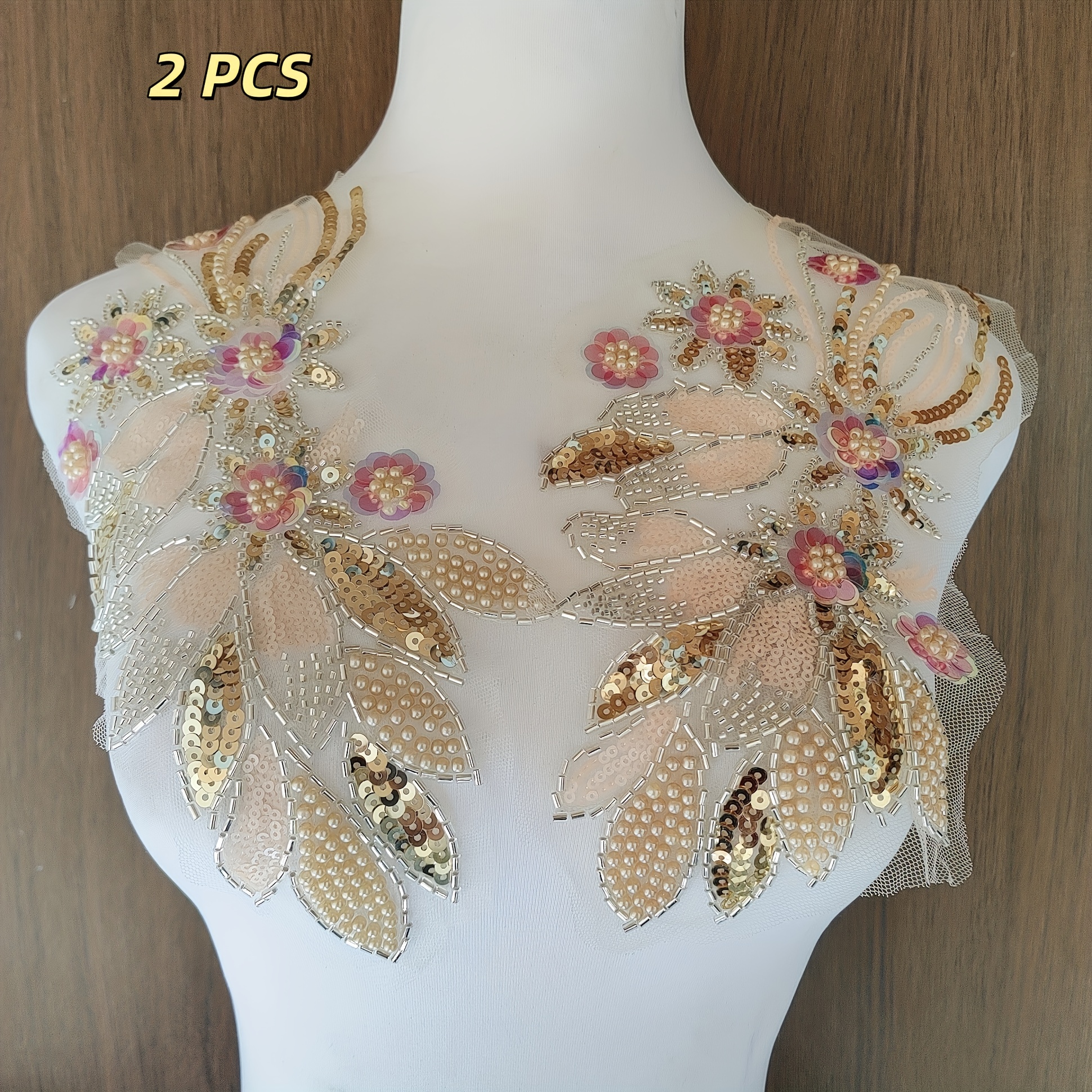 TEMU Pièces décoratives iridescentes à sequins, perles, fleurs et fruits brodées, 2 pièces, , artisanat , convient pour robe de mariée, manteau,