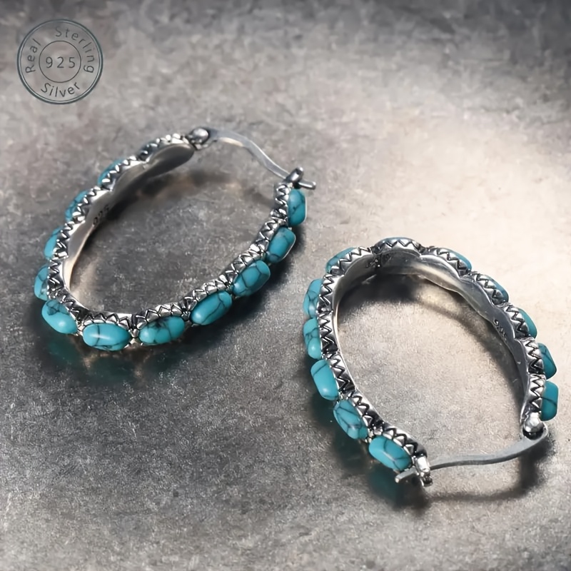 925 Silver Ethnic Style Turquoise Hoop Earrings for Wedding Banquets