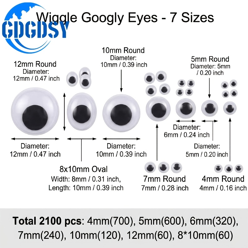 TEMU 2100 stuks Ronde Wiegeltjes Knipperende Zwarte Plakogen, 4mm 5mm 6mm 7mm 8mm 10mm 8*10mm 12mm Gemengde Verpakking