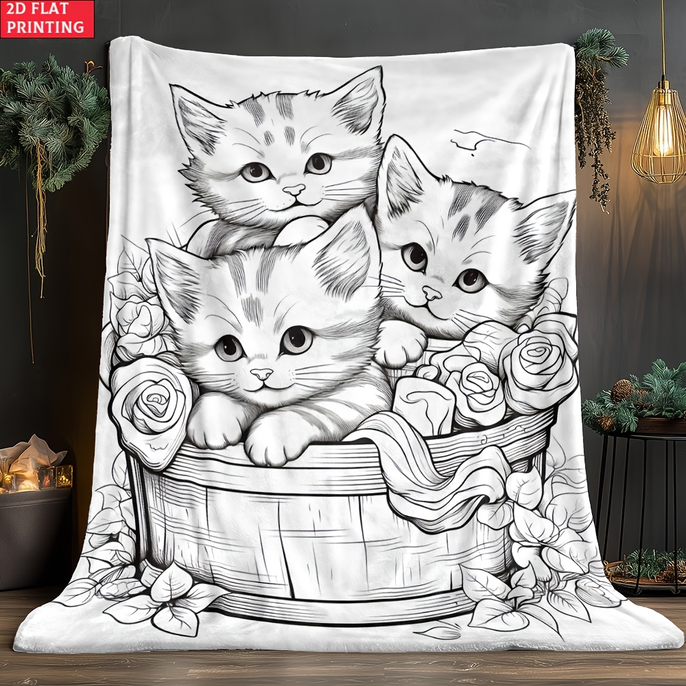 TEMU 1pc 2d Flat The Kitten In Coloring Basket Portable Blanket - Lightweight Bedding Blanket Suitable For Travel Camping Living Rooms Offices Sofas