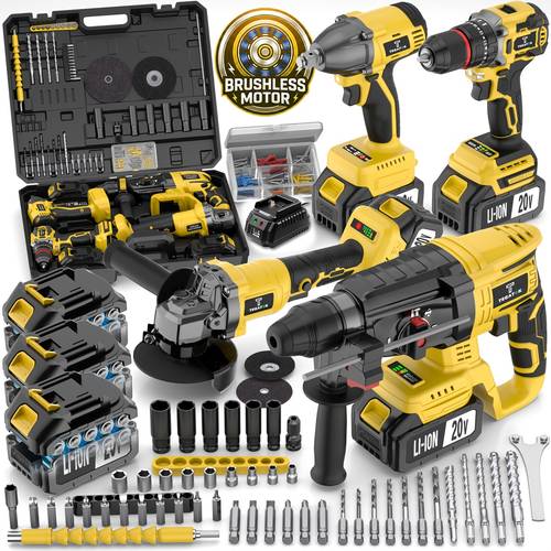 all in one 20v brushless power tool kit for home 4 cordless tools with 3 batteries impact wrench hammer drill angle grinder electric drill combo for renovation
