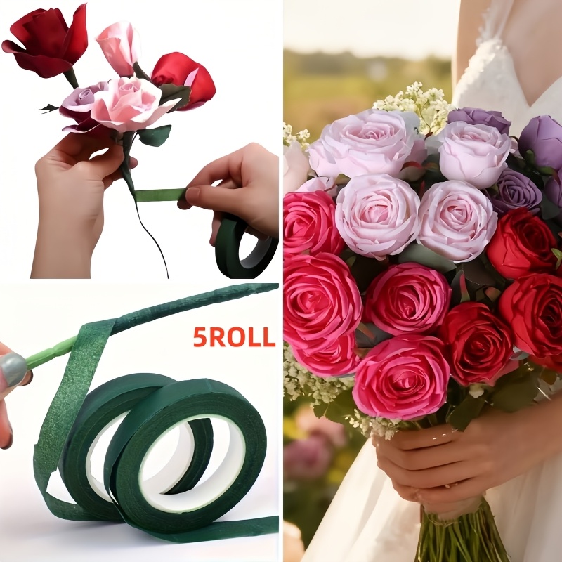 TEMU 5 Rouleaux de Ruban Floral Vert Auto-Adhésif en Nylon Durable pour Bouquets, Décorations de Mariage et Arrangements Floraux | Rouleaux Organisés