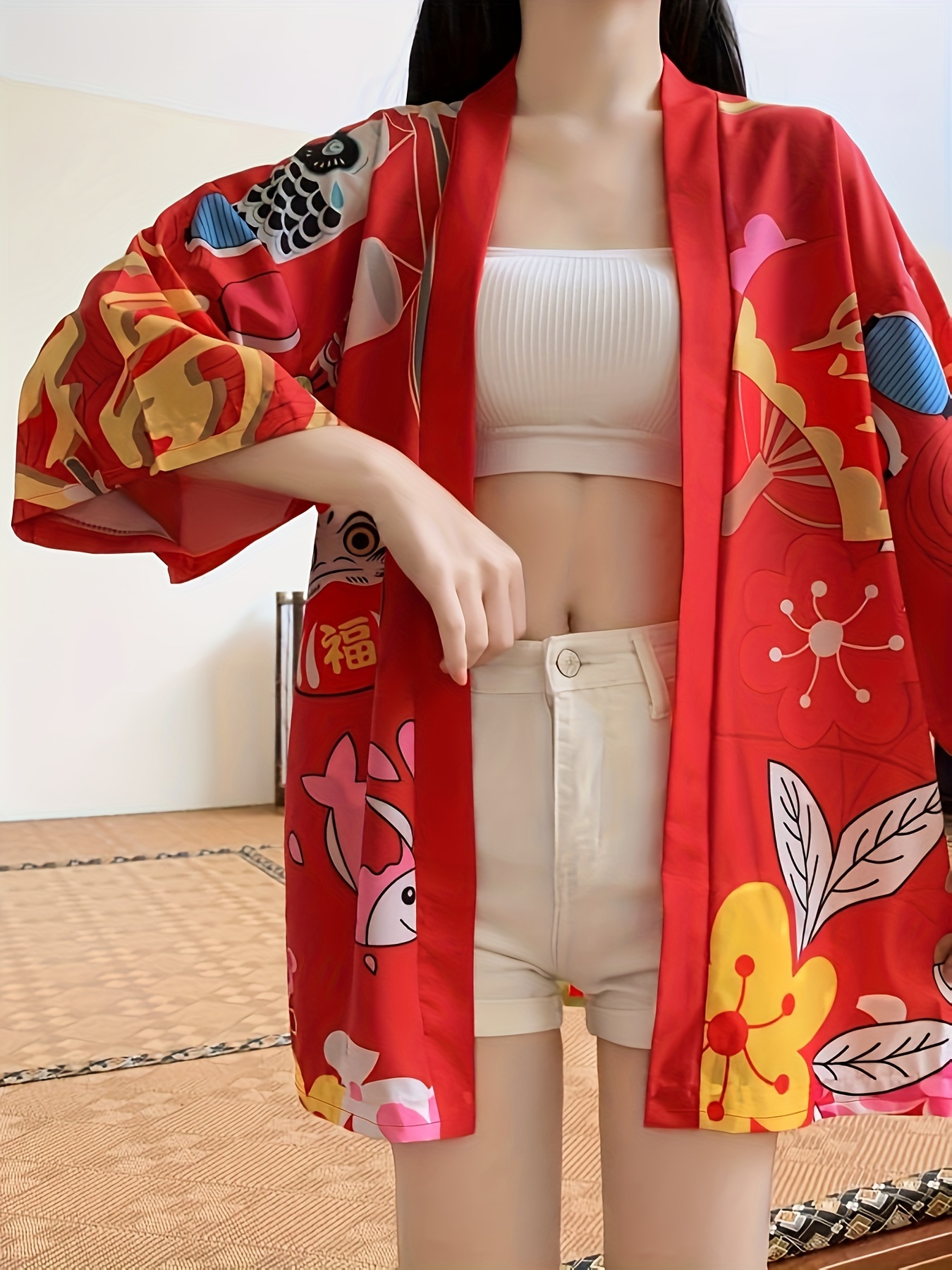 Traje de Kimono de Gato da Estilo Japonês Jaqueta de 1/* Barra de  Franjas, Estampa de e Gato da Lavável à Máquina, Roupa de Verão para