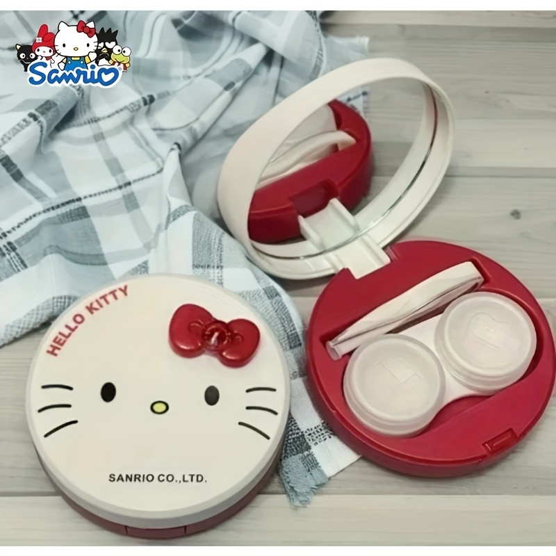 Sanrio for hello kitty Cute Contact Lens Case with Mirror - Pink & White Round Compact Organizer, Soft Fabric Lining, Portable Storage for Daily Use, Sanrio