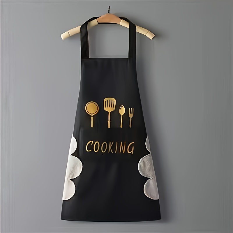 stylish polyester blend apron with pockets thick waterproof oil resistant cooking apron for home and kitchen use fashionable domestic work garment with woven design kitchen supplies details 1