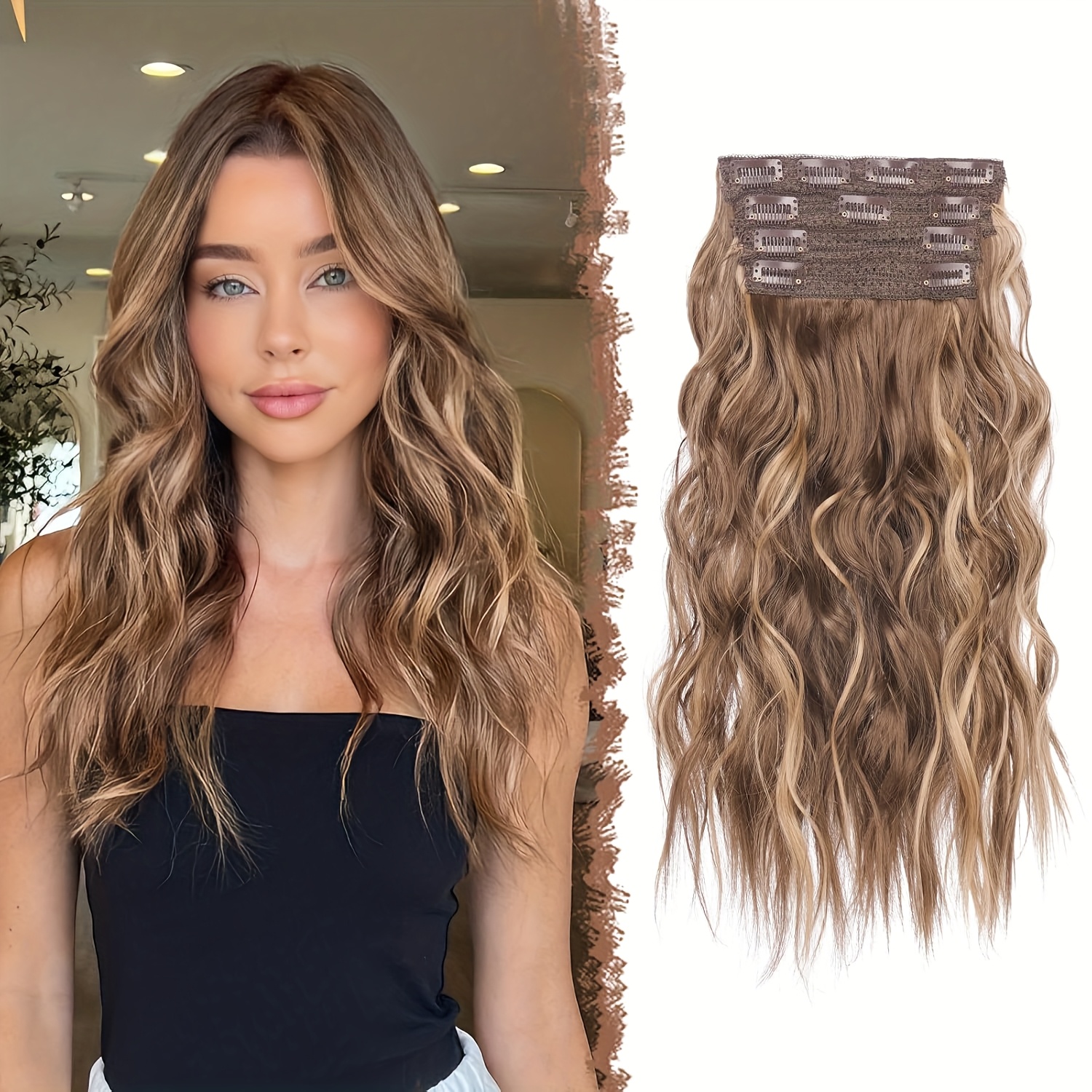   clip in hair extensions 4pcs long wavy thick hair piece highlighted   synthetic natural curly extension for women 16 inch details 1