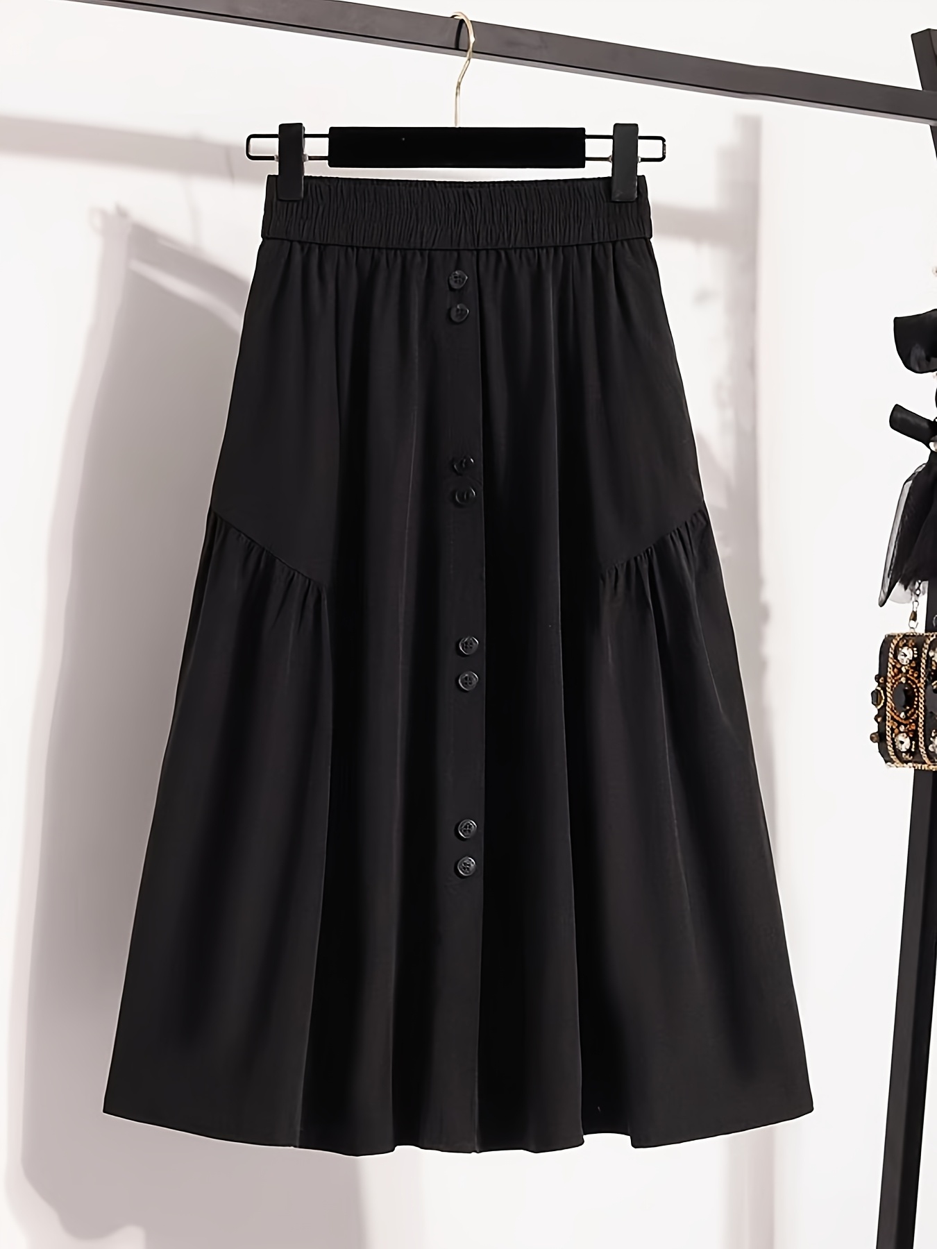 Elastic Waistband A Line Midi Skirt Pockets Women's Elastic Waist