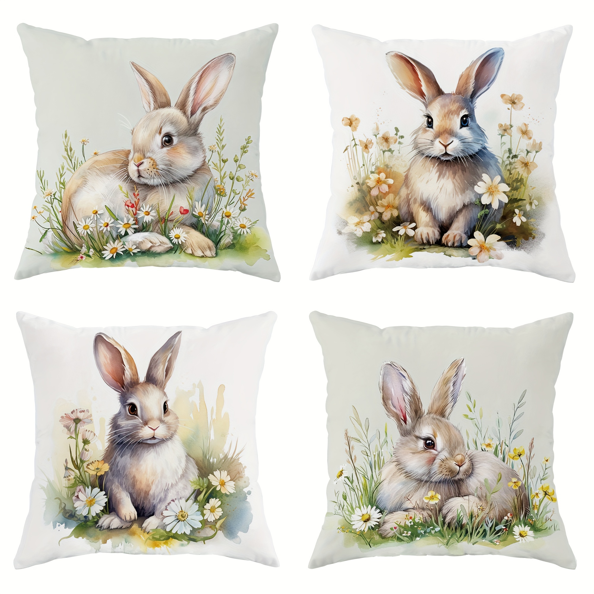 

4-piece Set Of Velvet Throw Pillow Covers - Easter & Spring Farmhouse Style With Bunny & Floral Design In Brown And Green - Perfect For Living Room, Bedroom, And Sofa Decor