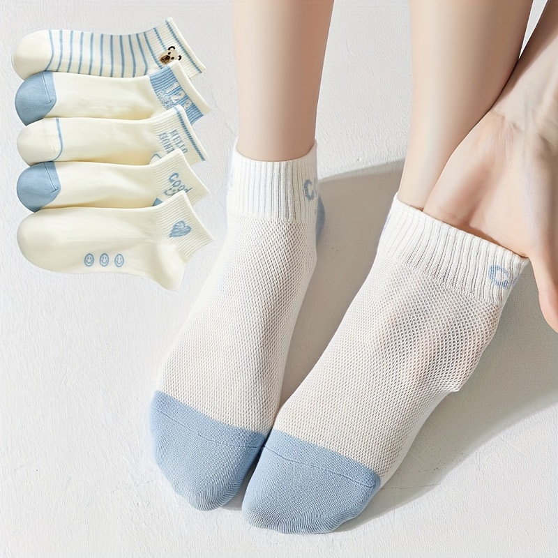 

5 Pairs Blue Striped Number Bear Pattern Ankle Socks, Comfy & Breathable Short Socks, Women's Stockings & Hosiery