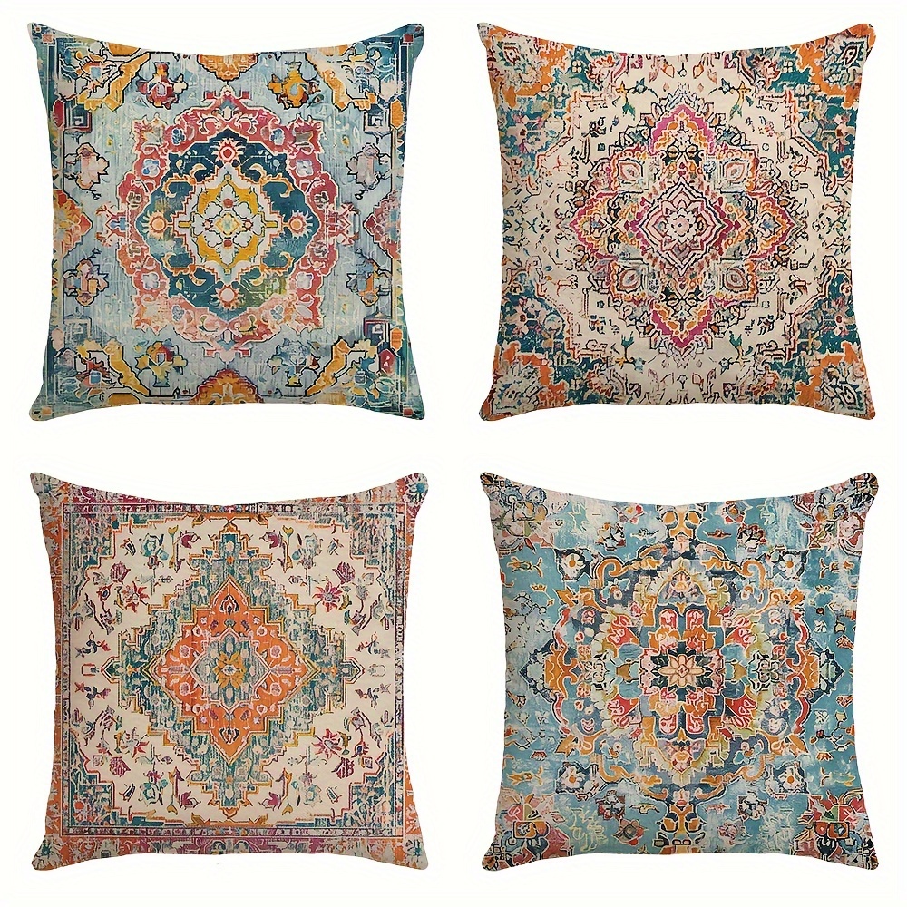 

4-pack Ethnic Boho Throw Pillow Covers, 18x18 Inch, Vintage Rust Floral Decorative Cotton Cases, Machine Washable, Linen Blend Woven Zippered Cushion Covers For Home, Living Room, Bedroom Decor