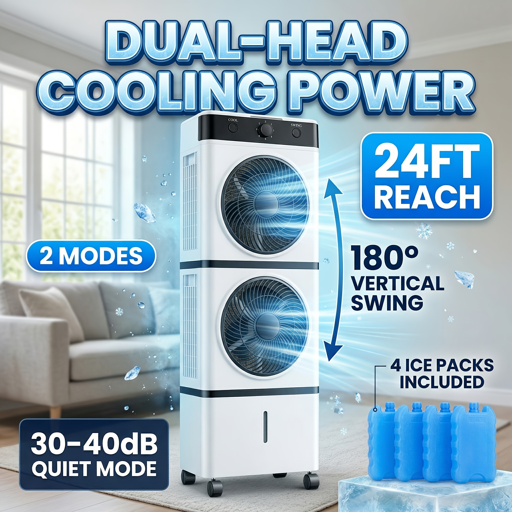 Portable Dual-Head Air Cooler Fan, 24Ft Reach, 2 Modes, 3 Speeds,... product image 2
