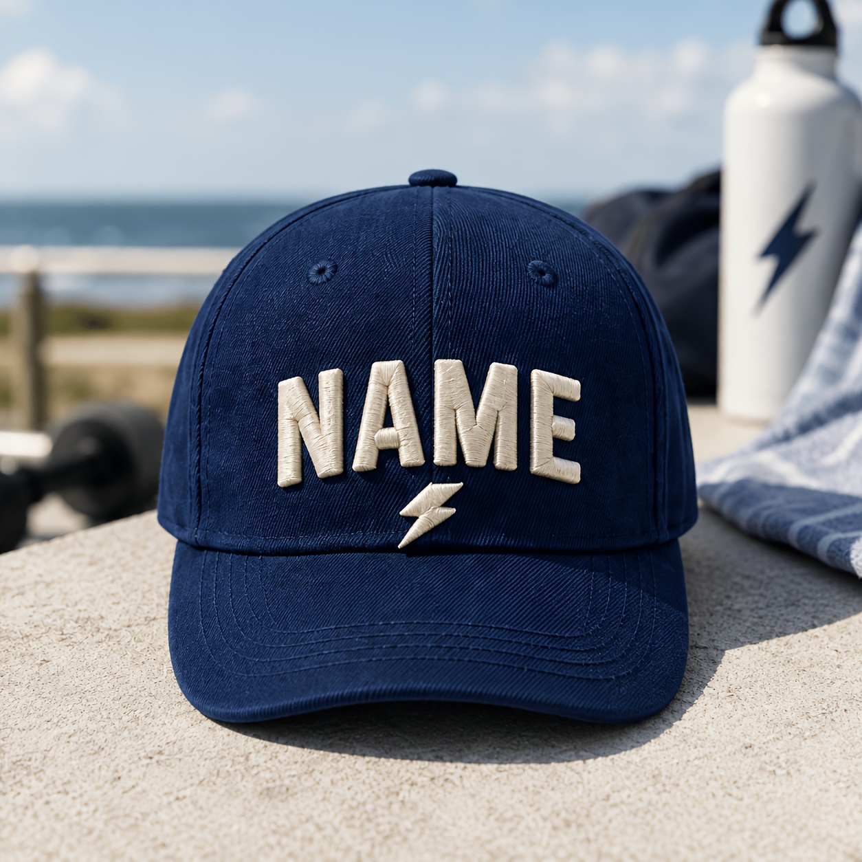 TEMU 1pc Custom Lightning Symbol Personalized Name Front Embroidery Baseball , 8 Color , Adjustable Rear, Classic Curved Brim, For Daily Casual