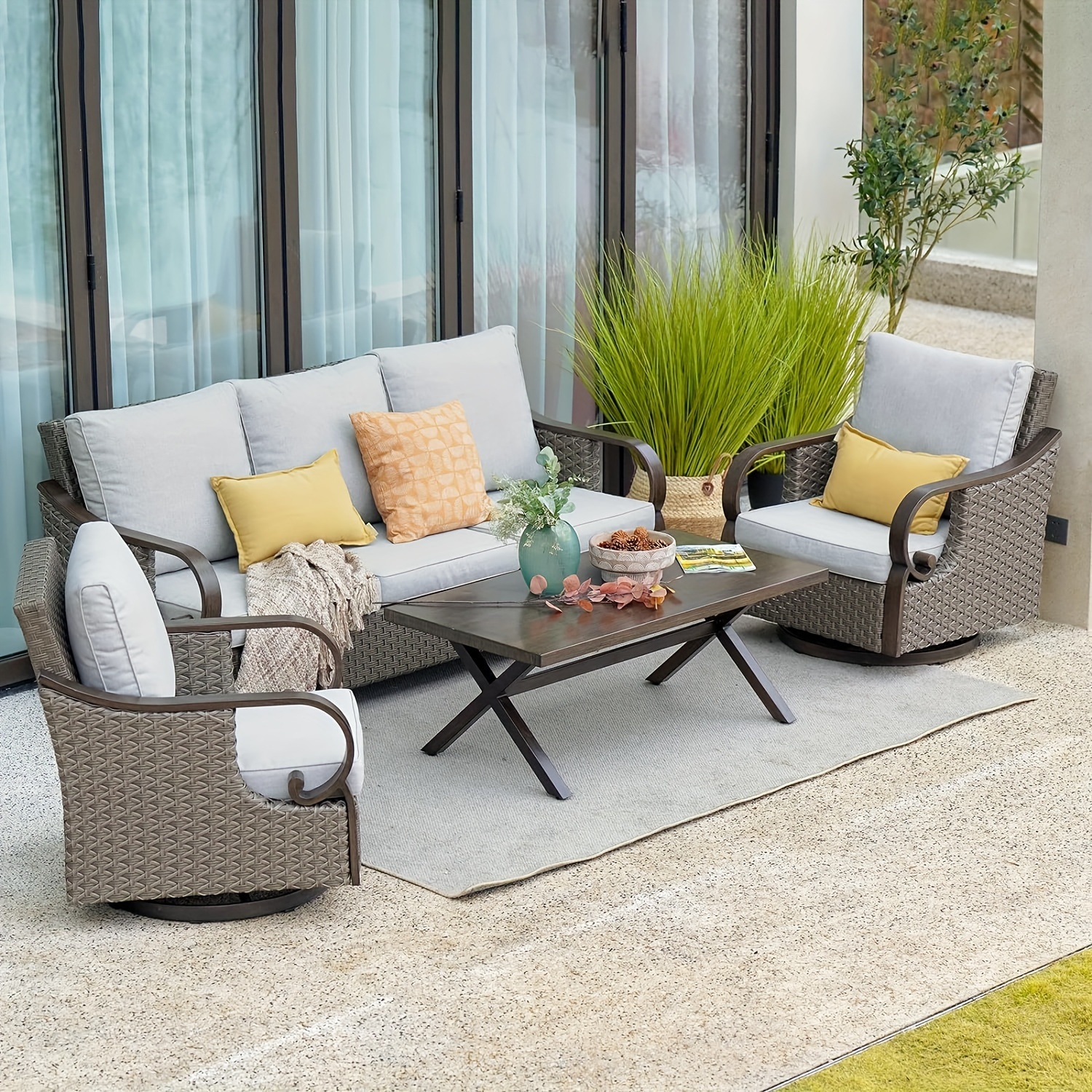 4pcs frame wicker patio furniture set with cushioned swivel rocking   table weather indoor outdoor sofa suitable for deck poolside for celebrations woodgrain   frame assembly Product details 0