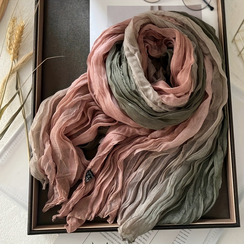 TEMU Women's Gradient Blue Pleated Autumn Winter Scarf, Lightweight Breathable Neck Warmer - Long Gradient Scarf, Retro Ethnic Style Scarf, Artistic