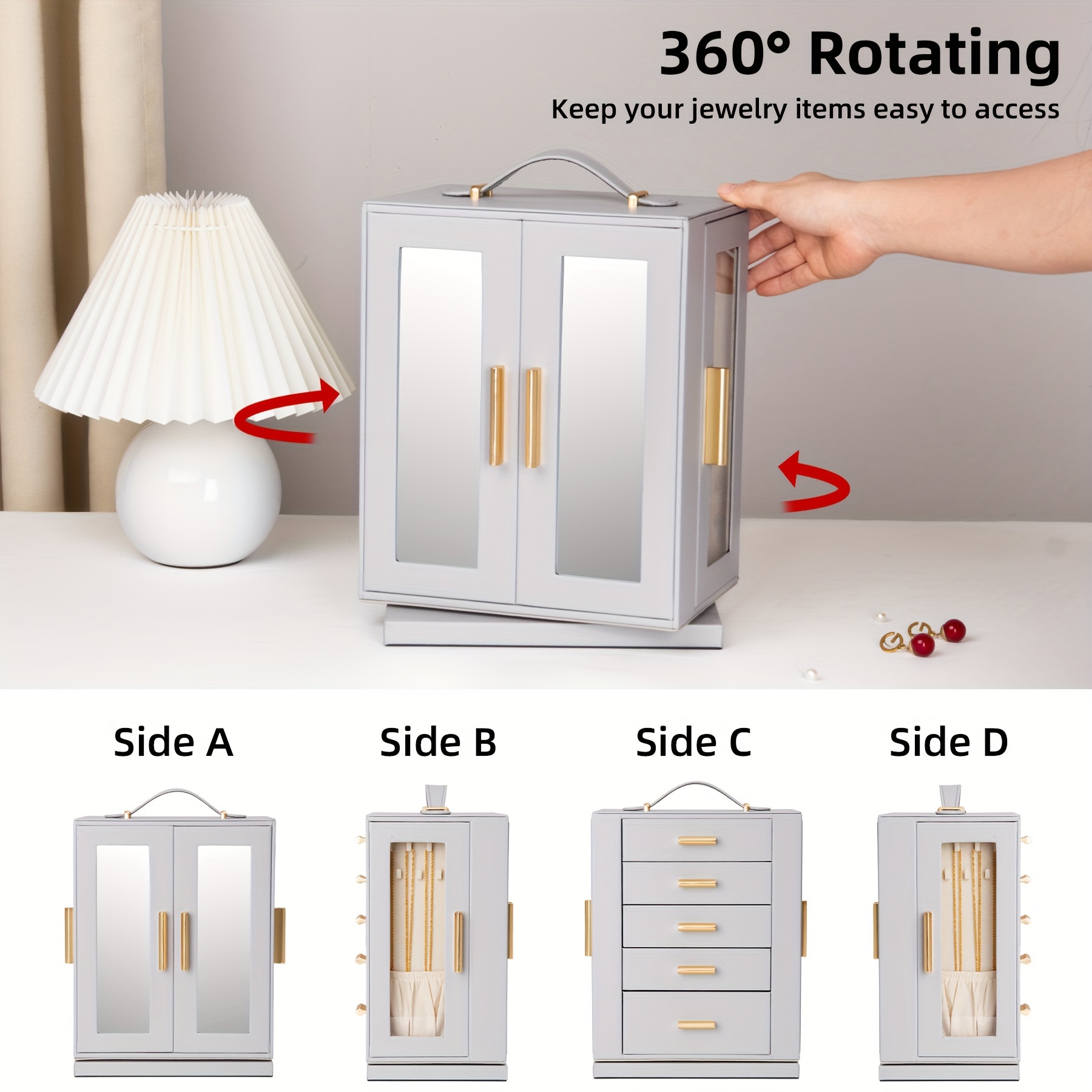 TEMU Jewelry Box 360° Rotating, Jewelry Storage Case With 5 Drawers, Jewelry Organizer, Storage Trunks, Glass Window, Spacious, Vertical Jewelry